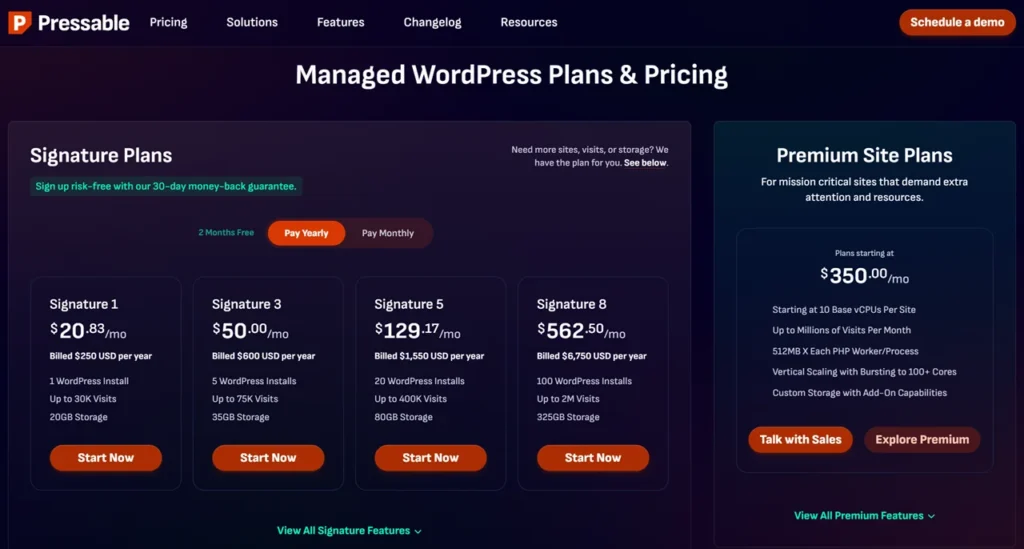 Pressable pricing plans comparison for small business