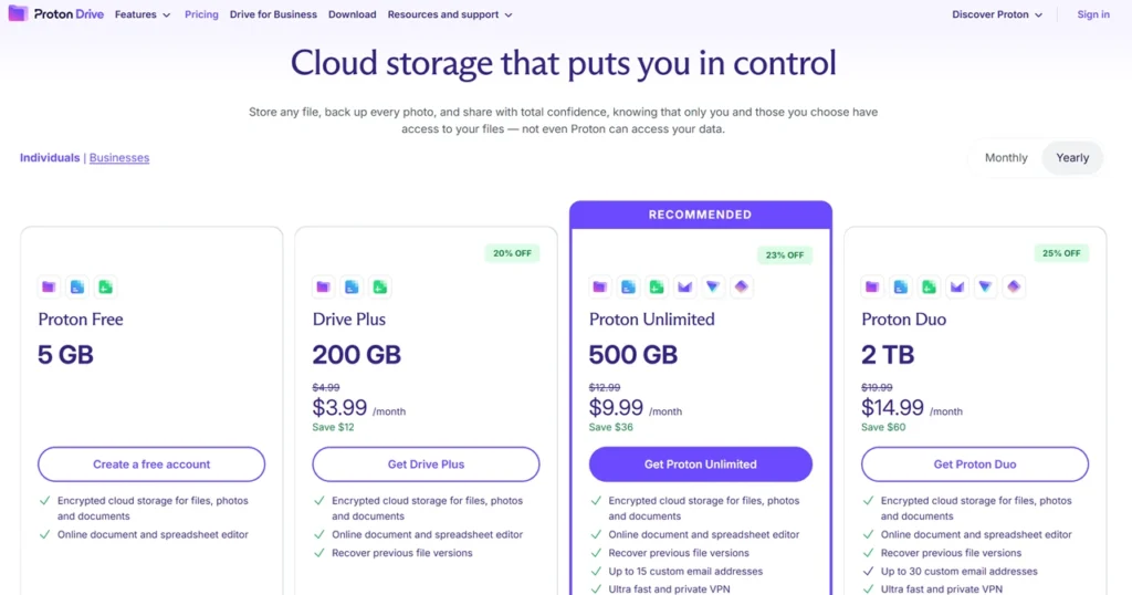 Proton drive pricing plans comparison