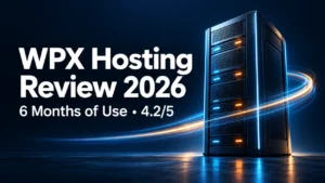 WPX Hosting Review 2026, with an illustrated server and the text “6 Months of Use • 4.2/5”.