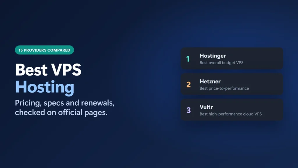 Title card: 15 best VPS hosting providers compared on pricing, specs and renewals, with Hostinger, Hetzner and Vultr as the top three