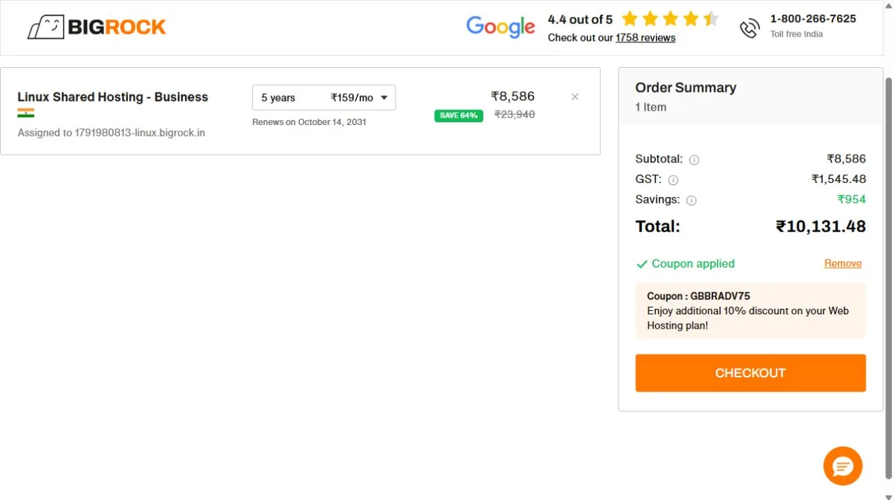 BigRock test cart accepting GBBRADV75 on a 60-month India Linux Business hosting plan