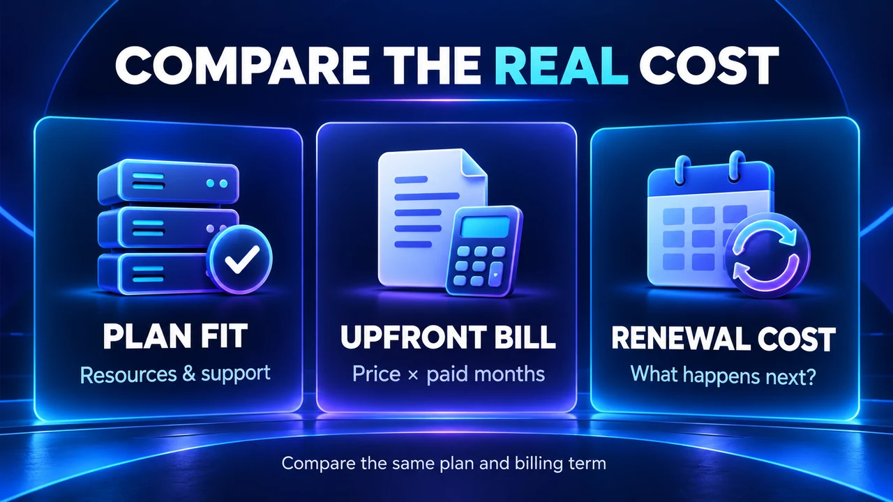 Compare hosting plan fit, upfront bill and renewal cost
