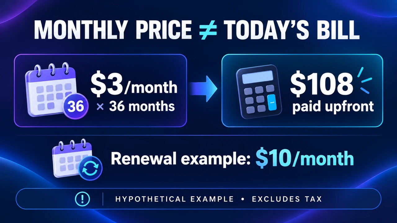 Hypothetical hosting example: $3 monthly for 36 months costs $108 upfront