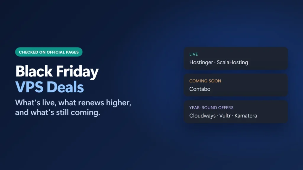 Title card: Black Friday VPS hosting deals checked on official pages, with Hostinger and ScalaHosting live and Contabo coming soon