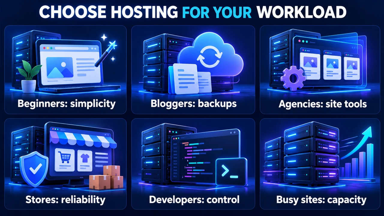 Hosting selection guide for beginners, bloggers, agencies, stores, developers and busy websites