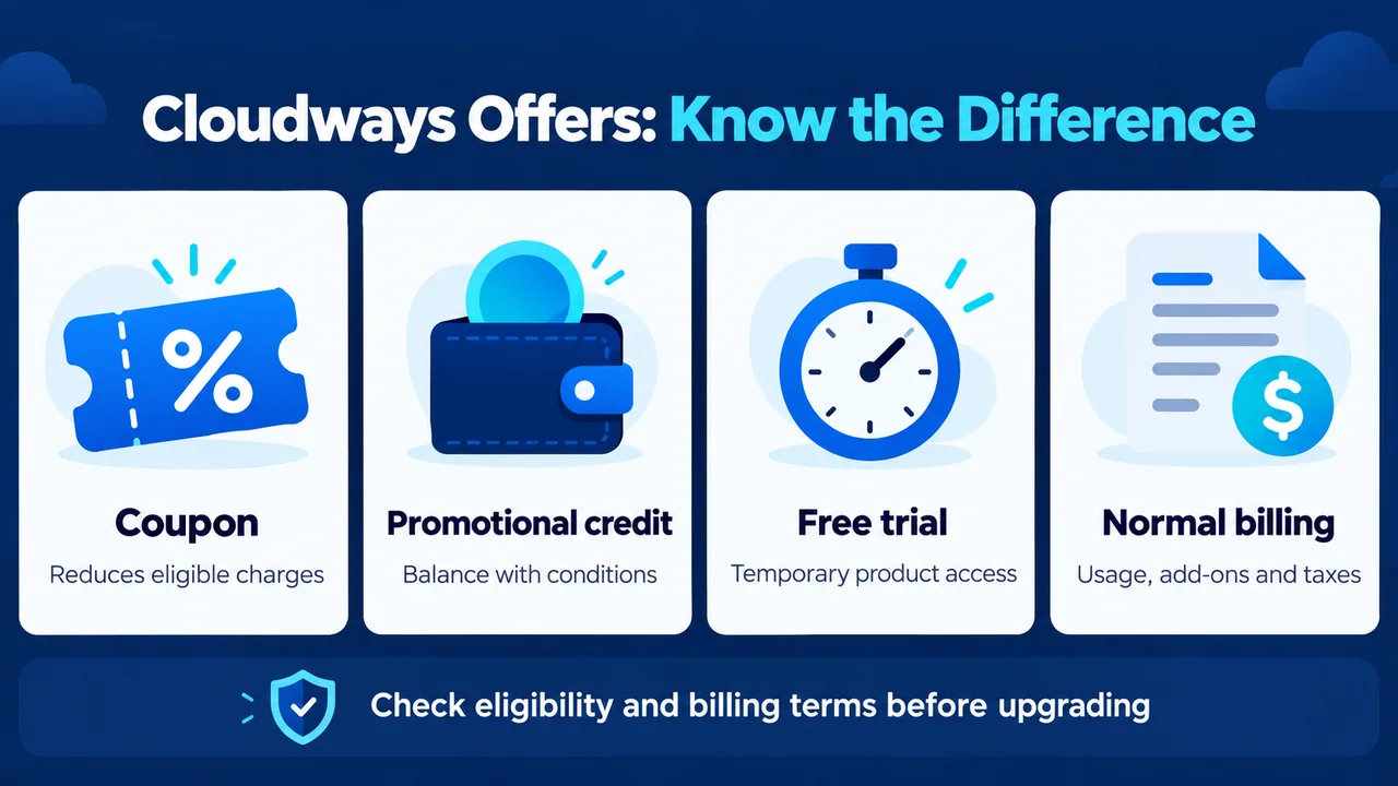Cloudways coupon, promotional credit, free trial and normal billing explained