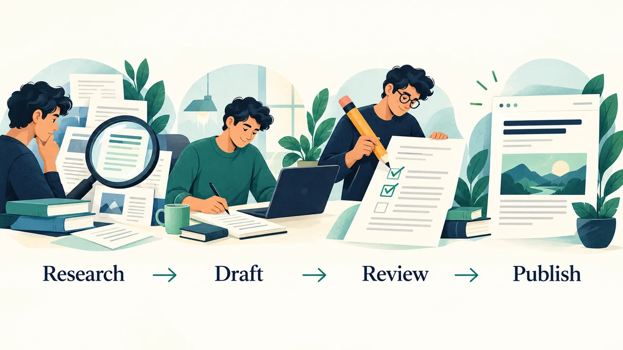 Recommended content workflow from research and drafting to human review and publication