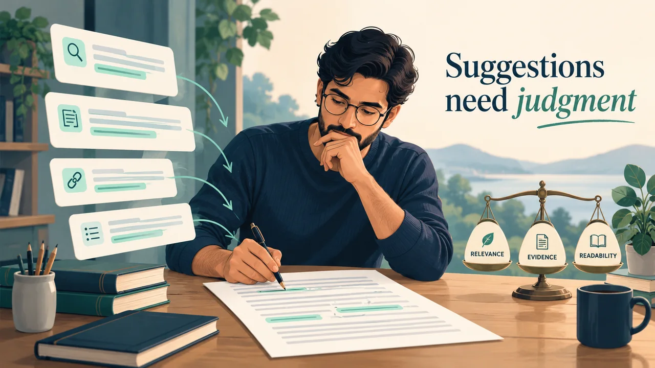 Editor weighing content suggestions against relevance, evidence and readability