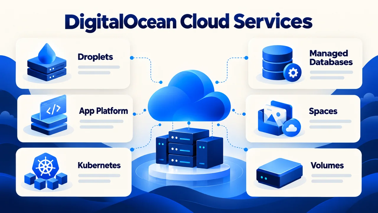 DigitalOcean service overview showing Droplets, App Platform, Kubernetes, Managed Databases, Spaces and Volumes