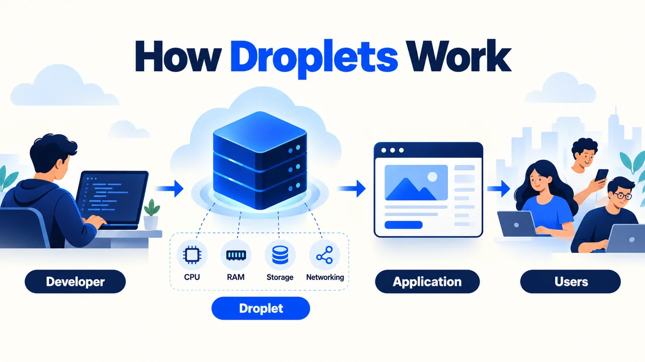 Diagram showing a developer deploying an application on a Droplet with CPU, RAM, storage and networking