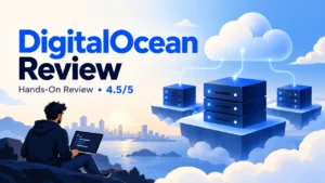 DigitalOcean review illustration with cloud servers and a 4.5 out of 5 rating by Harshil Barot
