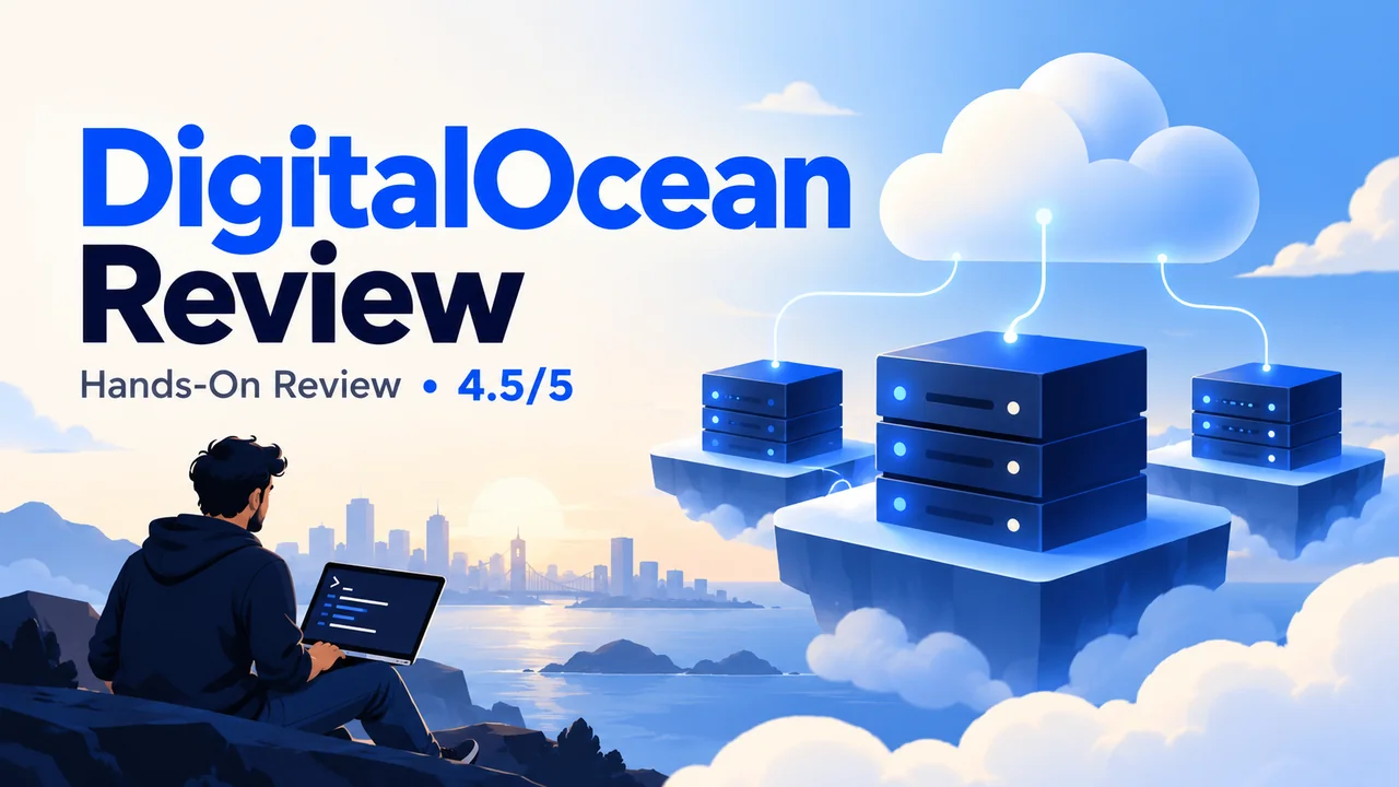 DigitalOcean review illustration with cloud servers and a 4.5 out of 5 rating by Harshil Barot