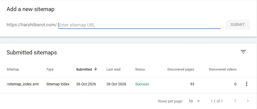 Google Search Console Sitemaps report for harshilbarot.com: sitemap_index.xml, type Sitemap index, submitted and last read 26 Oct 2026, status Success, 93 discovered pages