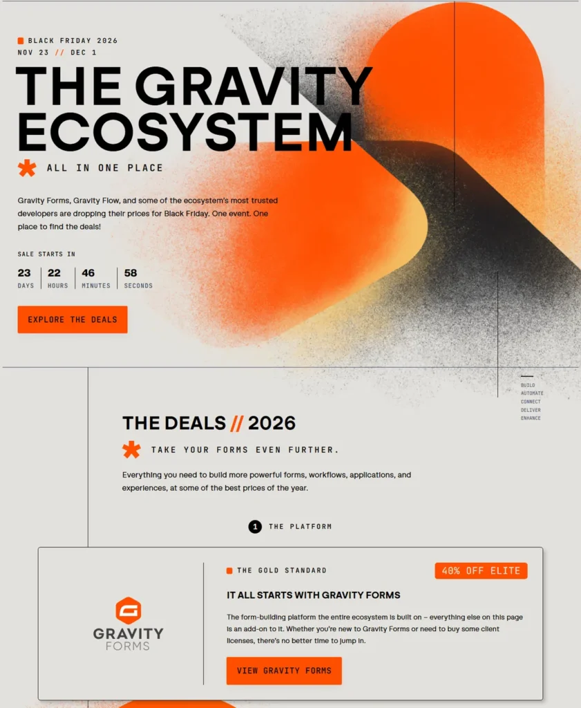 Gravity's Black Friday 2026 page: Nov 23 to Dec 1, Gravity Forms 40% off Elite, Gravity Flow 40% off and partner add-on discounts