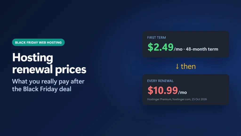 Title card reading hosting renewal prices, what you really pay after the Black Friday deal, with a price tag jumping from an intro price to a renewal price