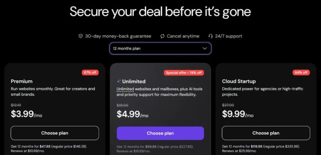Screenshot of Hostinger's Black Friday pricing on the 12-month term: Premium $3.99, Unlimited $4.99 and Cloud Startup $9.99 a month, each with its renewal price