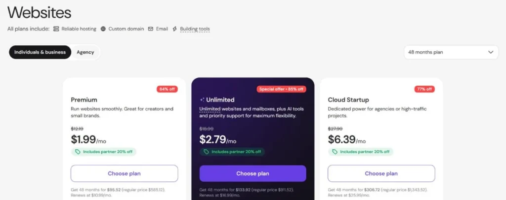 Screenshot of Hostinger's pricing page opened through a partner link: Premium $1.99, Unlimited $2.79 and Cloud Startup $6.39 a month, each marked includes partner 20% off