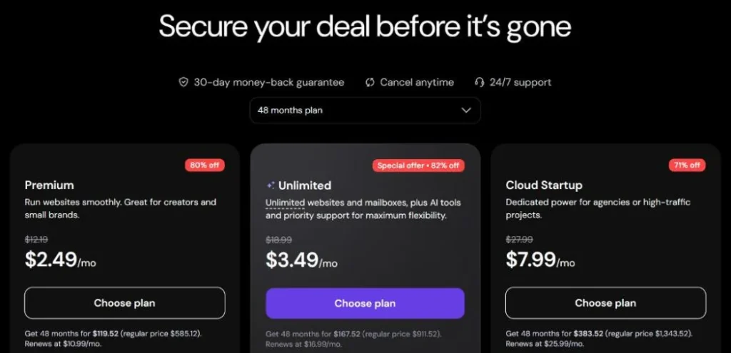 Screenshot of Hostinger's Black Friday pricing table on 25 October 2026: Premium $2.49, Unlimited $3.49 and Cloud Startup $7.99 a month on 48-month plans, with upfront totals and renewal prices