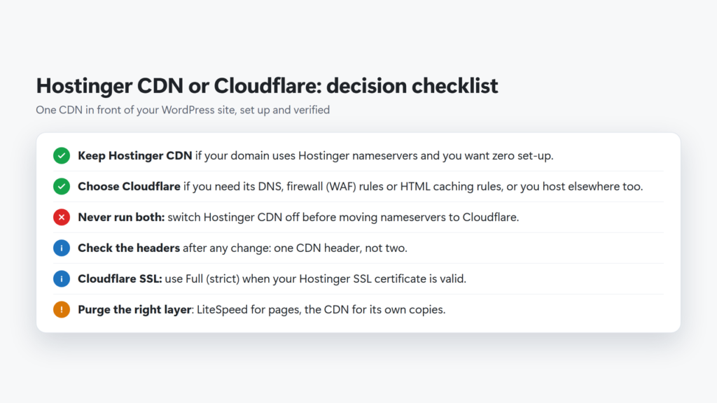 Decision checklist: keep Hostinger CDN or choose Cloudflare, never run both, check headers, use Full strict SSL, purge the right layer