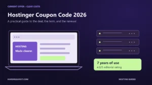 Hostinger Coupon Code 2026 graphic with a laptop, server illustration and Harshil Barot’s seven-year experience and 4.8/5 rating.