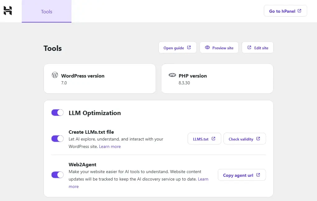 Hostinger Tools panel inside the WordPress admin of harshilbarot.com showing WordPress 7.0 and PHP 8.3.30 running on Hostinger