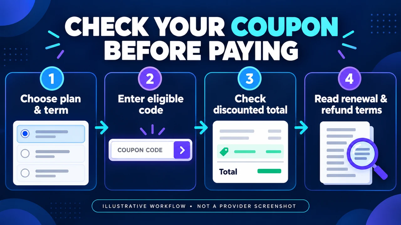 Illustrative workflow for applying an eligible hosting coupon and checking the final total