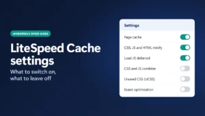 LiteSpeed Cache settings title card with toggles: page cache, minify and Load JS deferred on; CSS and JS combine, UCSS and guest optimization off