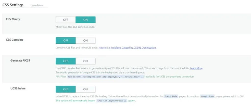 Screenshot of the LiteSpeed Cache Page Optimization CSS Settings tab on harshilbarot.com with CSS Minify on and CSS Combine, UCSS and UCSS Inline off
