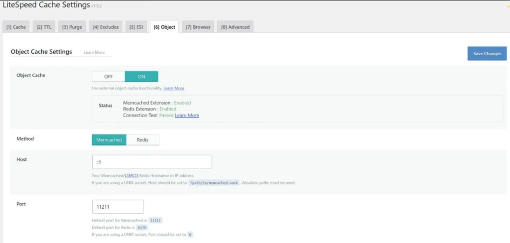 Screenshot of the LiteSpeed Cache Object tab on harshilbarot.com: Object Cache on, Memcached Extension Enabled, Redis Extension Enabled, Connection Test Passed, Method Memcached, Host ::1, Port 11211
