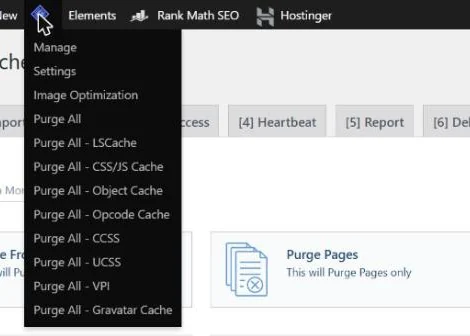Screenshot of the LiteSpeed Cache toolbar menu in WordPress showing Manage, Settings, Image Optimization, Purge All and the individual Purge All options
