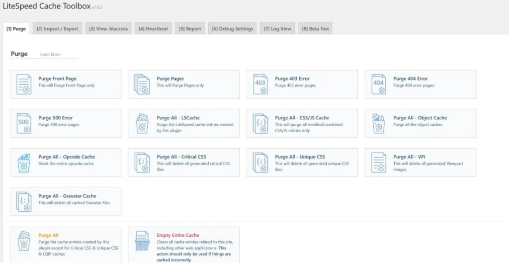 Screenshot of the LiteSpeed Cache Toolbox Purge tab showing buttons for front page, pages, error pages, LSCache, CSS/JS, object, opcode, critical CSS, unique CSS, VPI, Gravatar, Purge All and Empty Entire Cache