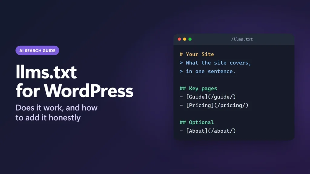 llms.txt for WordPress title card next to a code window showing a sample llms.txt file with an H1, a summary and link sections