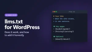 llms.txt for WordPress title card next to a code window showing a sample llms.txt file with an H1, a summary and link sections