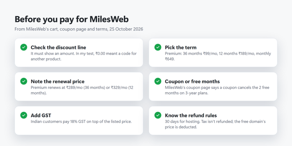Checklist before paying for MilesWeb: check the discount line, pick the term, note the renewal price, coupon or free months, add GST, refund rules