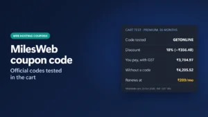 Title card reading MilesWeb coupon code, official codes tested in the cart, with a result card showing GETONLINE at 10% off and ₹3,784.97 with GST