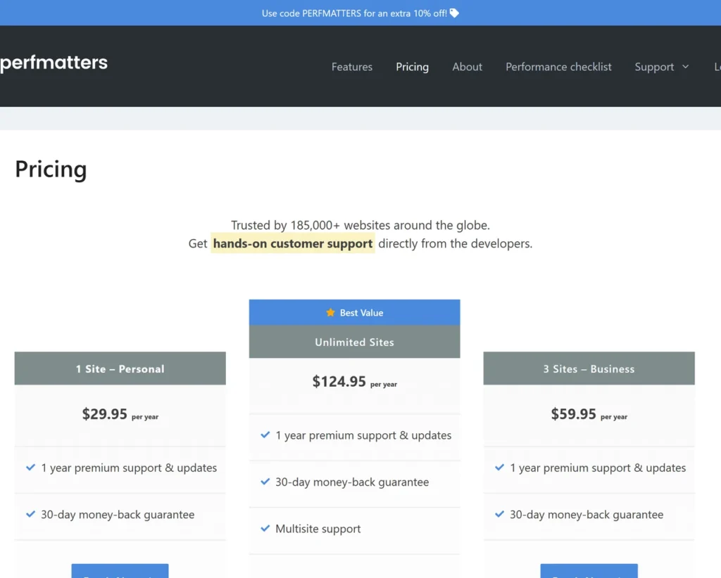 Perfmatters pricing page on 30 October 2026 with the banner 'Use code PERFMATTERS for an extra 10% off!' and plans at $29.95, $59.95 and $124.95 per year