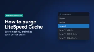 Title card reading how to purge LiteSpeed Cache beside a dropdown menu with Purge All highlighted