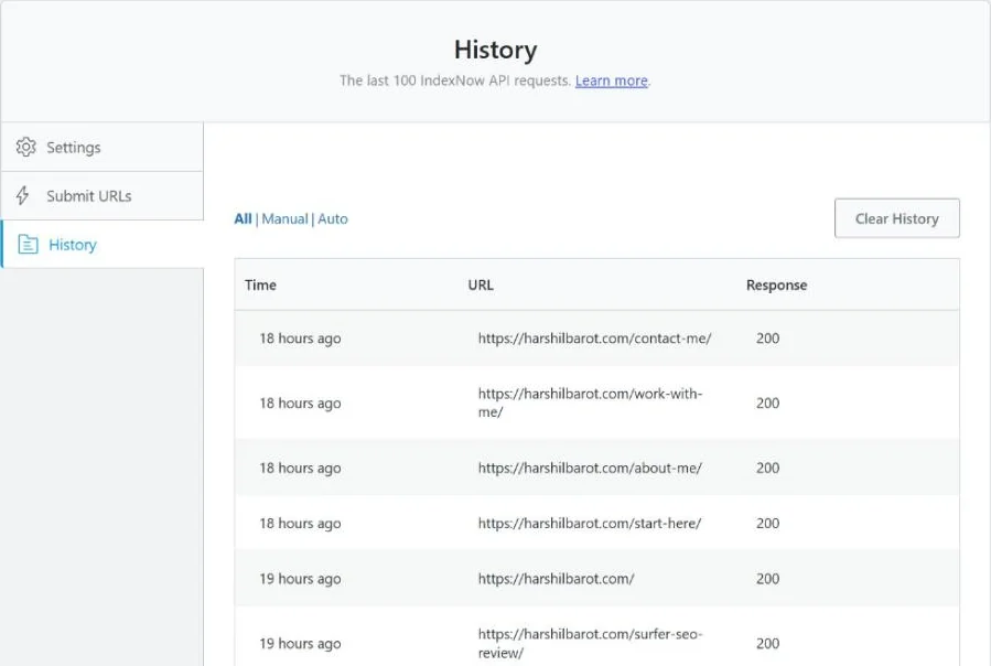 Screenshot of the Rank Math Instant Indexing History tab on harshilbarot.com showing recent automatic submissions, including the home page, each with a 200 response