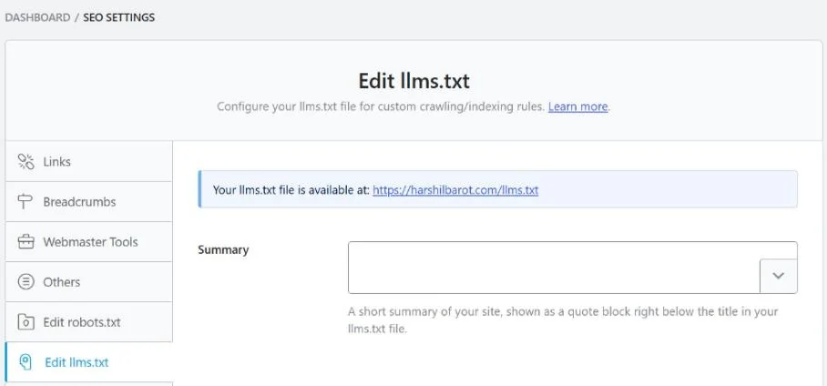 Screenshot of Rank Math's Edit llms.txt settings screen on harshilbarot.com showing the file address and the Summary field