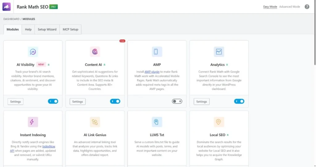 Rank Math SEO dashboard Modules tab on harshilbarot.com in Easy Mode, showing the Easy Mode and Advanced Mode switch, the Setup Wizard tab and module toggles for AI Visibility, Content AI, AMP and Analytics