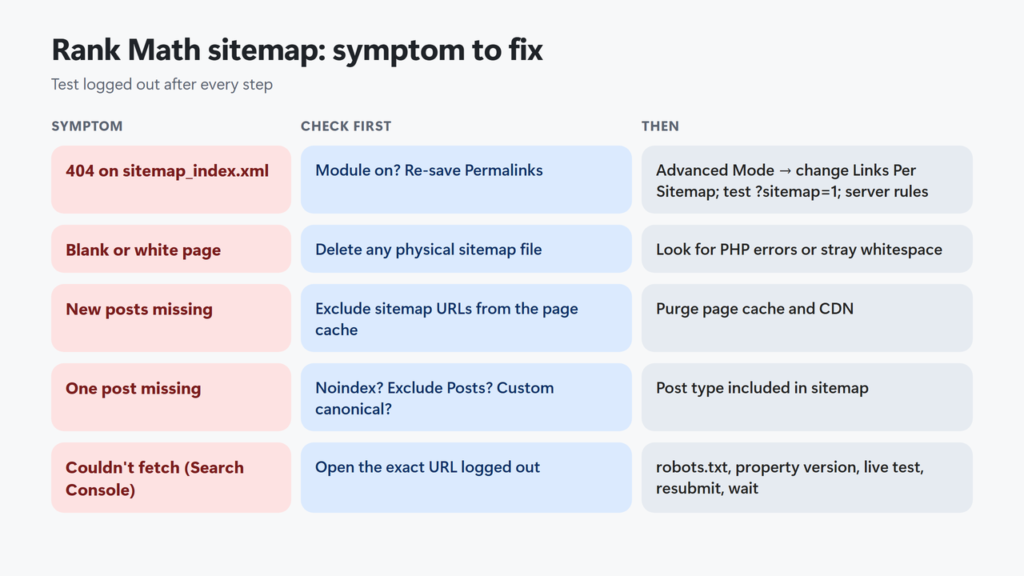 Flowchart from symptom to fix for a Rank Math sitemap: 404, blank page, old content, missing post, and Couldn't fetch in Search Console, each with the first check and the next step