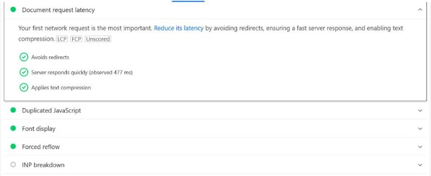 PageSpeed Insights Document request latency insight for harshilbarot.com: avoids redirects, server responds quickly (observed 477 ms), applies text compression