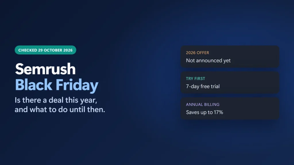 Title card: Semrush Black Friday, no 2026 deal announced as of 29 October, with what to do until a deal appears