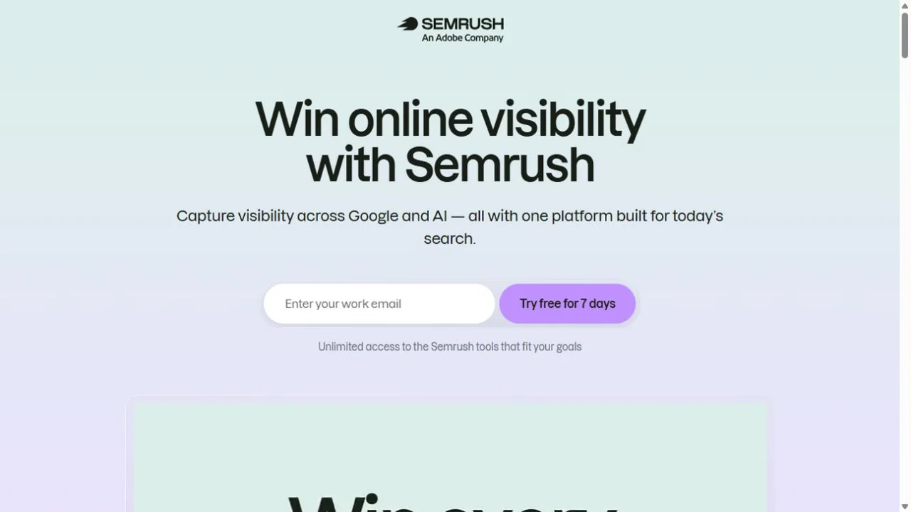 Public Semrush landing page advertising a seven-day free trial