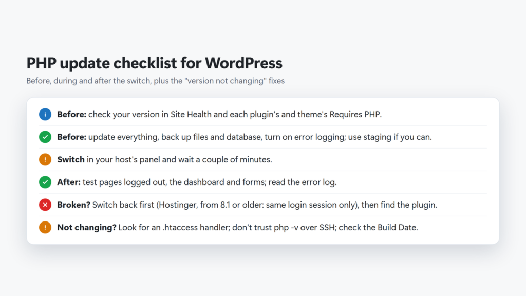 Checklist for a PHP update in WordPress: before, during and after the change, plus fixes when the PHP version is not changing