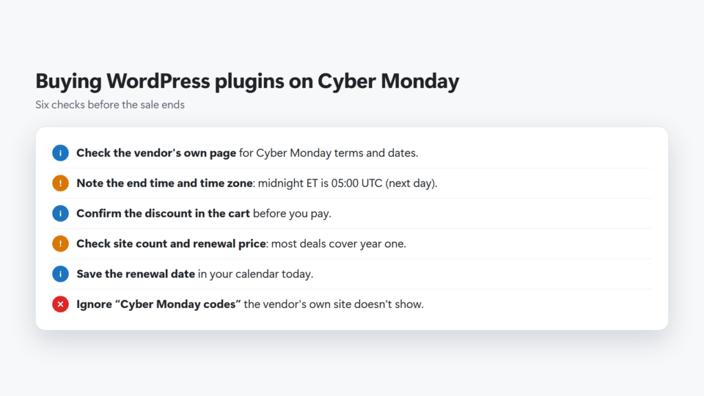 Checklist for buying WordPress plugins on Cyber Monday: vendor terms, end time and time zone, discount in cart, site count and renewal, save renewal date