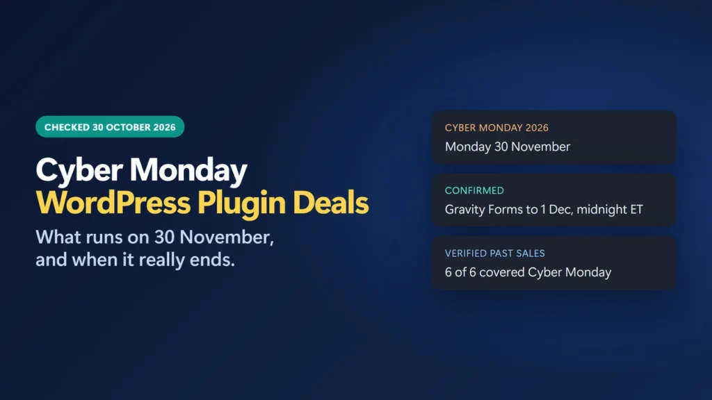 Title card: Cyber Monday WordPress plugin deals, 30 November 2026; Gravity Forms confirmed until 1 December; 6 of 6 verified past plugin sales covered Cyber Monday