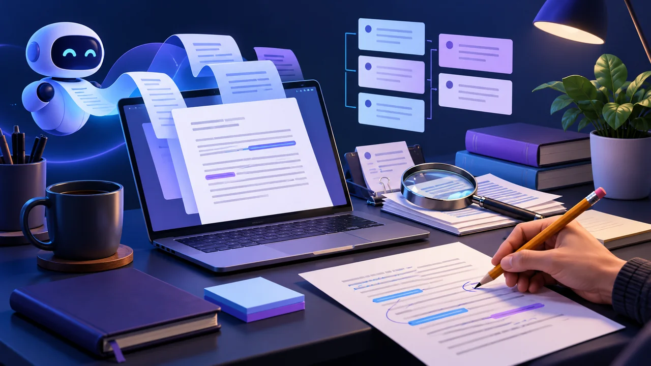 Conceptual illustration of AI-assisted drafting with human revision and fact-checking