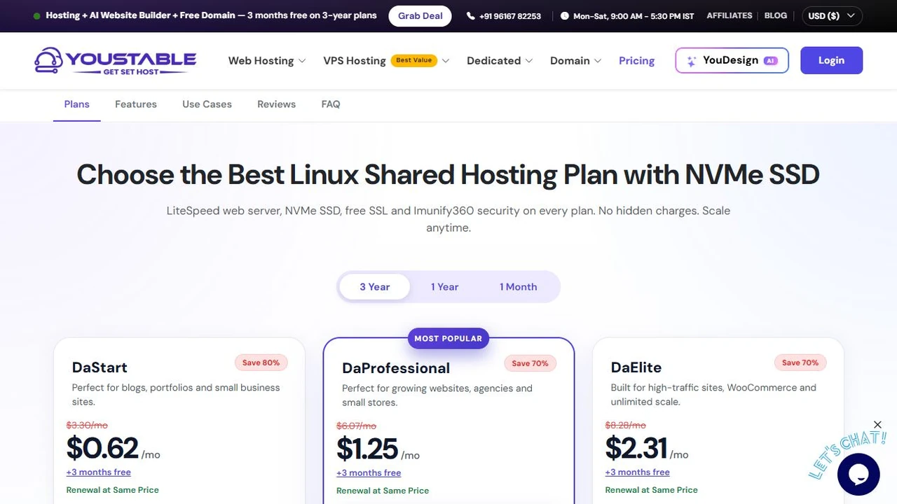 YouStable shared hosting USD prices with three-year billing selected